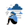 Depression. Sad unhappy young woman sitting under rain cloud. Flat vector illustration.