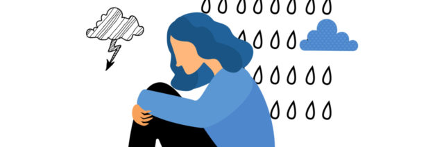 Depression. Sad unhappy young woman sitting under rain cloud. Flat vector illustration.