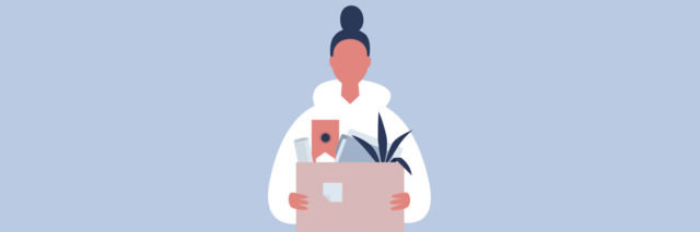 Young female character holding a box full of office stationery goods / flat editable vector illustration, clip art (Looking for a job. Young female character holding a box full of office stationery goods / flat editable vector illus