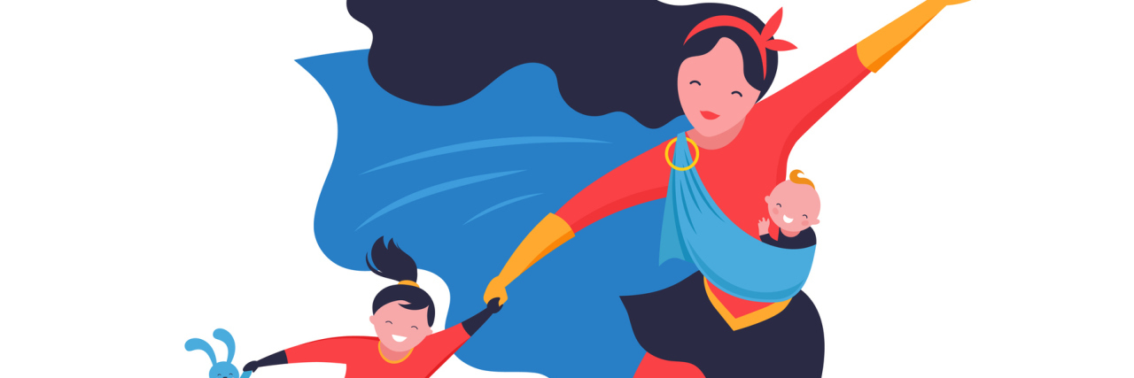 You Don't Have to Be the 'Perfect Pandemic Parent' Super Mom. Flying superhero mother carrying a baby. Vector illustration template