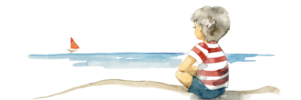 How Adverse Childhood Experiences Have Serious Health Implications watercolor of a little boy sitting on the beach looking out into the ocean