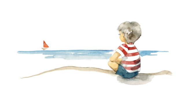 watercolor of a little boy sitting on the beach looking out into the ocean