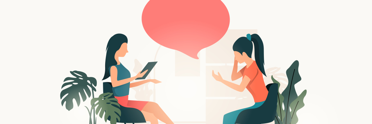 8 Things to Remember If You're Struggling or Frustrated With Therapy illustration of a young woman and a therapist speaking with a red speech bubble in between them