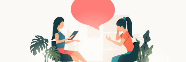 illustration of a young woman and a therapist speaking with a red speech bubble in between them