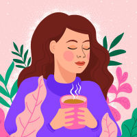 Drawing of a woman holding a cup of tea.