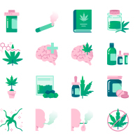 Cannabidiol icon set. Included icons as CBD, Cannabis, treatment, weed, tobacco and more.