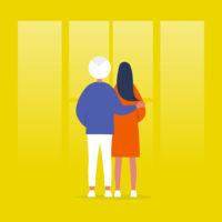 illustration of man with arm around woman, both looking into yellow windows