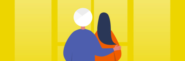 illustration of man with arm around woman, both looking into yellow windows