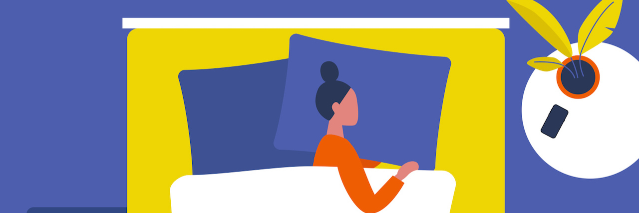 Finding Comfort in Objects at Home During Two-Week Quarantine A cartoon of a woman lying in bed