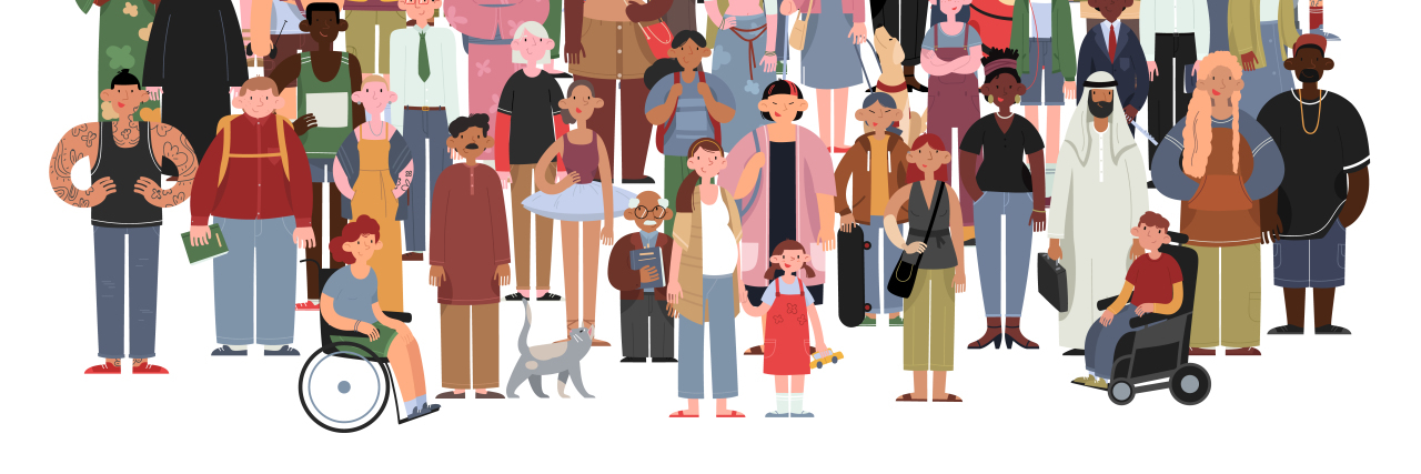 Why People With All Kinds of Disabilities Should Work Together Graphic featuring a group of diverse people including people with disabilities.