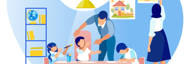 Illustration of a family. Three children sit at a table, a father leans over helping one child, a mother hangs up drawings on the wall