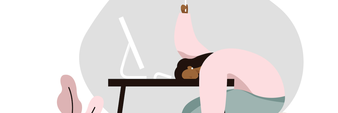 How to Deal With Sensory Overload During the COVID-19 Crisis A woman with her head on her desk, waving a white flag with a frowny face on it