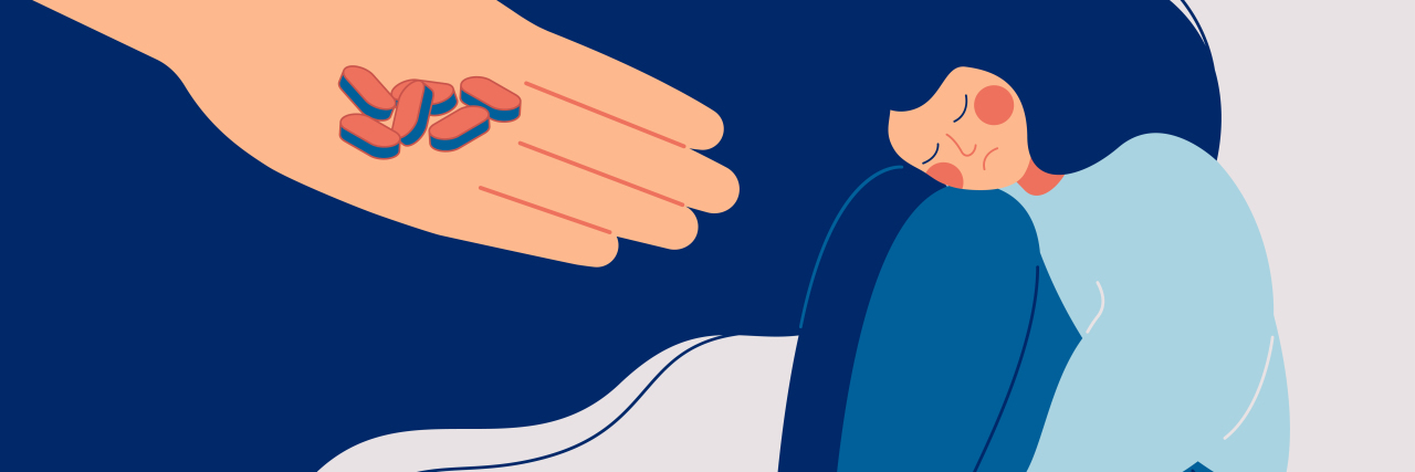 Cavities From Dry Mouth as a Potential Side Effect of My OCD Medicine illustration of a sad a woman sitting down and a hand offering her medicine