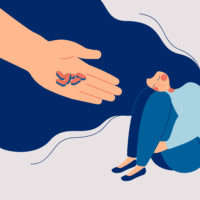 illustration of a sad a woman sitting down and a hand offering her medicine
