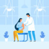 Flat Male Doctor Making Injection to Female Patient. Clinic or Hospital Cartoon Interior. Innovative Medicine Testing or Disease Treatment. Vaccination. Vector Medicine Healthcare Illustration