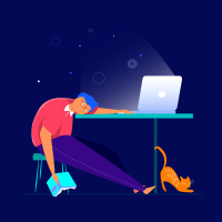 Tired student fall asleep in learning process laid his head on the table Pupil studying online using his computer laptop flat vector illustration with a book in his hand, work table stratching red cat
