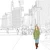 Illustration of a woman in color walking in a black and white city
