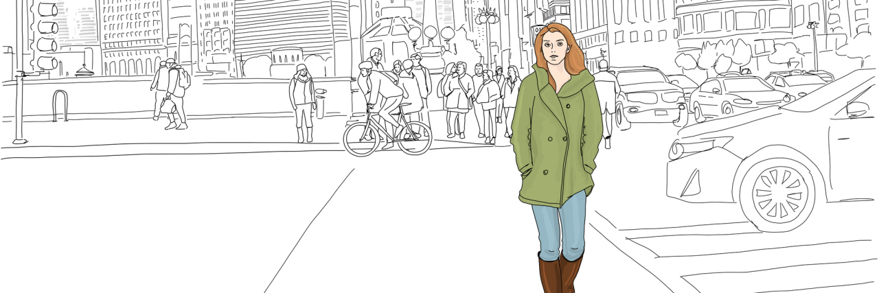 Illustration of a woman in color walking in a black and white city