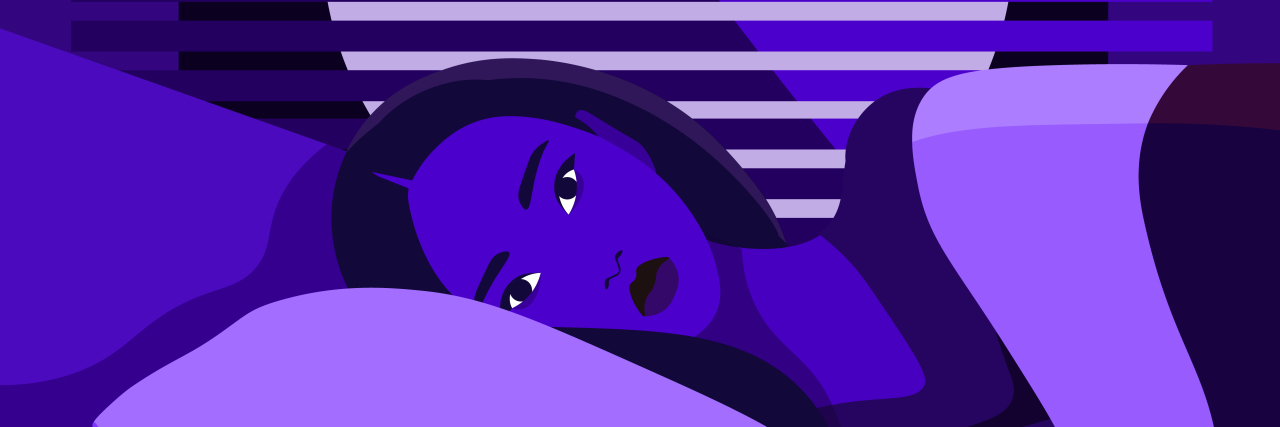 Woman lies in bed with open eyes in the dark room. Night. Insomnia and sleep disorder.
