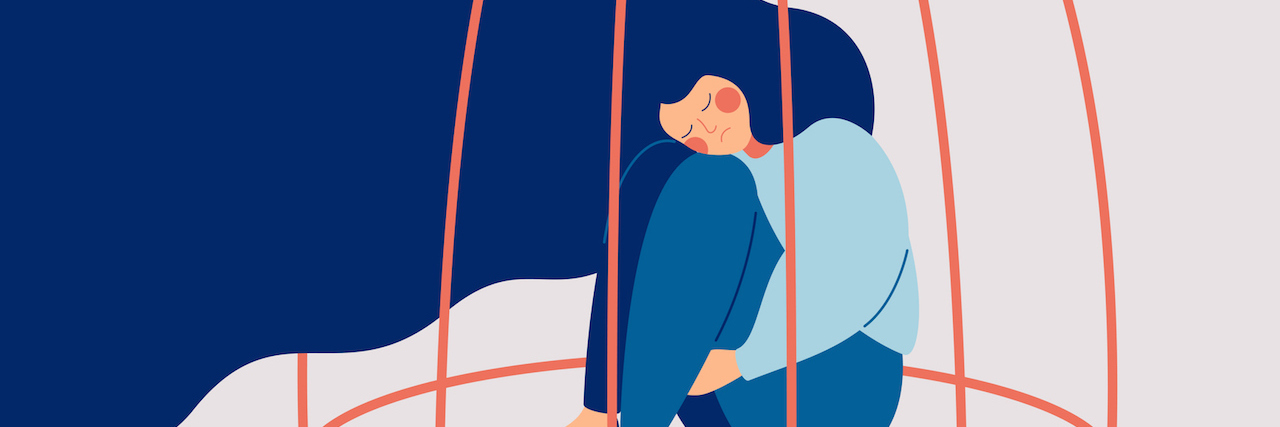 How the Coronavirus Crisis Affects Domestic Violence Victims An illustration of a woman with long blue hair locked in a cage. She's sitting with her hands around her legs