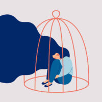 An illustration of a woman with long blue hair locked in a cage. She's sitting with her hands around her legs