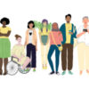 Group of diverse people, including a woman in a wheelchair and a man with a cane