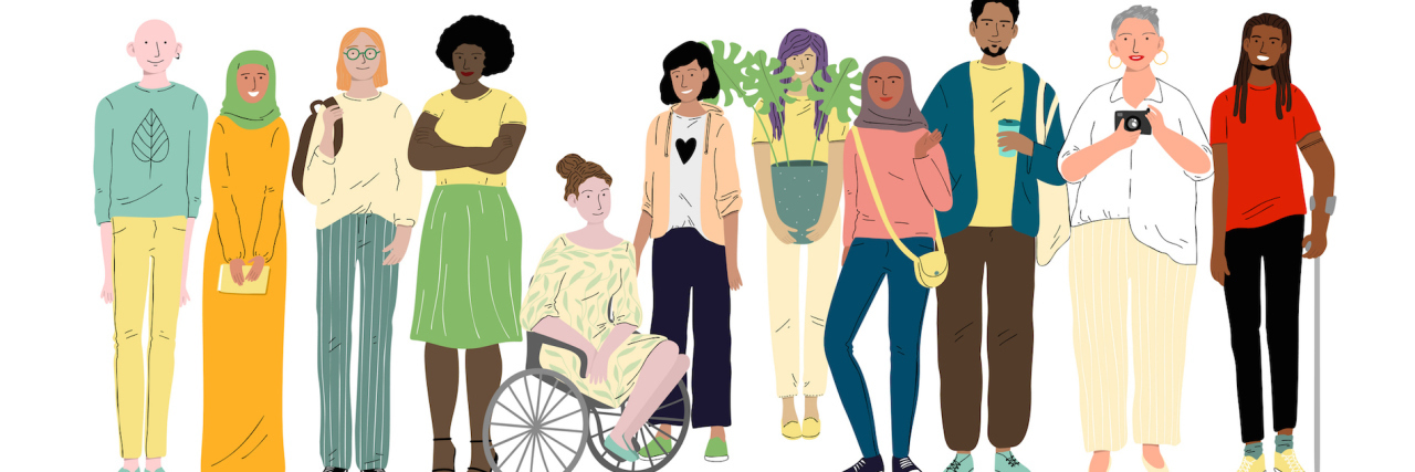 Coping With the COVID-19 News for Those With Chronic or Mental Illness Group of diverse people, including a woman in a wheelchair and a man with a cane