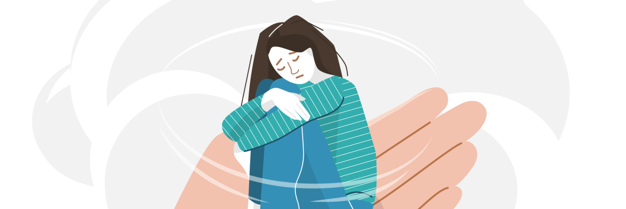 4 Practical Ways to Handle Loneliness While Social Distancing Sad young woman with lowered head hugging herself with her hands on her knees. Anxiety girl sitting on a helping hand. Help concept vector illustration.
