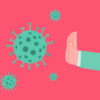 Coronavirus blocked with one hand with a rejection gesture.Concept of Corona virus prevention.Vector flat illustration.