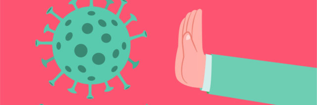 Coronavirus blocked with one hand with a rejection gesture.Concept of Corona virus prevention.Vector flat illustration.