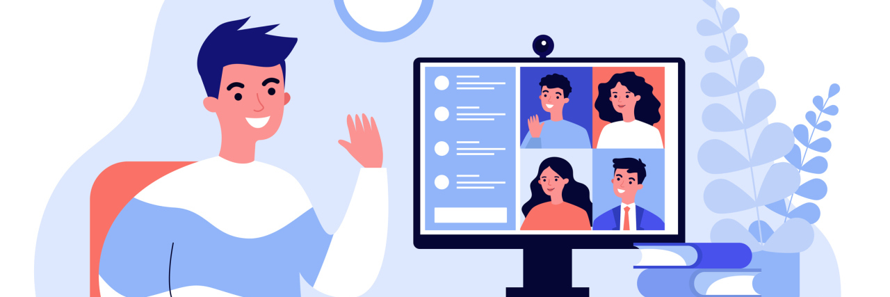 It's Lonely Seeing Photos of People FaceTiming Their Friends-COVID-19 Worker using computer for collective virtual meeting and group video conference. Man at desktop chatting with friends online. Vector illustration for videoconference, remote work, technology concept