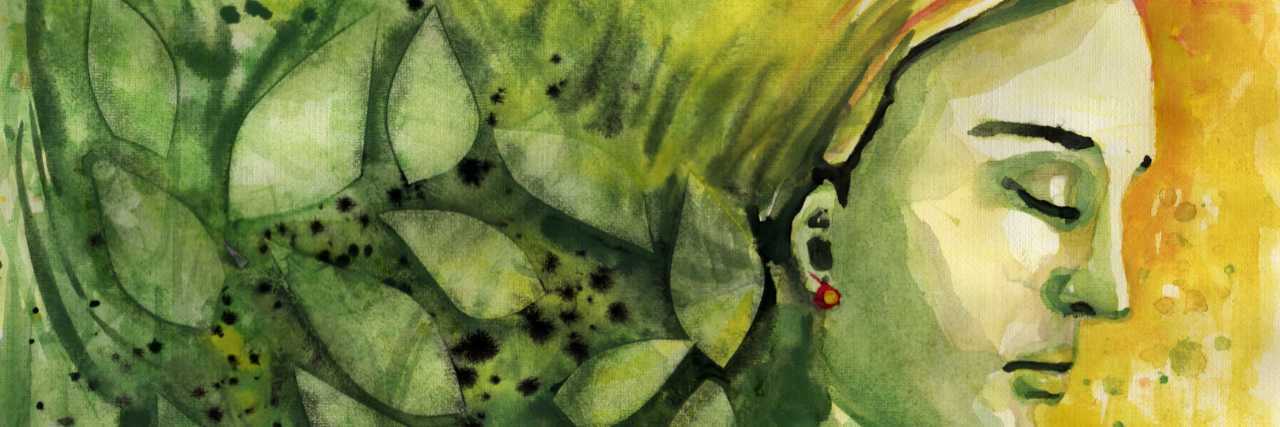 I Can't Shut Off My Mind Because of Anxiety and It's Affecting My Life watercolor of a woman with eyes closed and head down; green colors