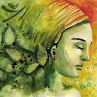 watercolor of a woman with eyes closed and head down; green colors