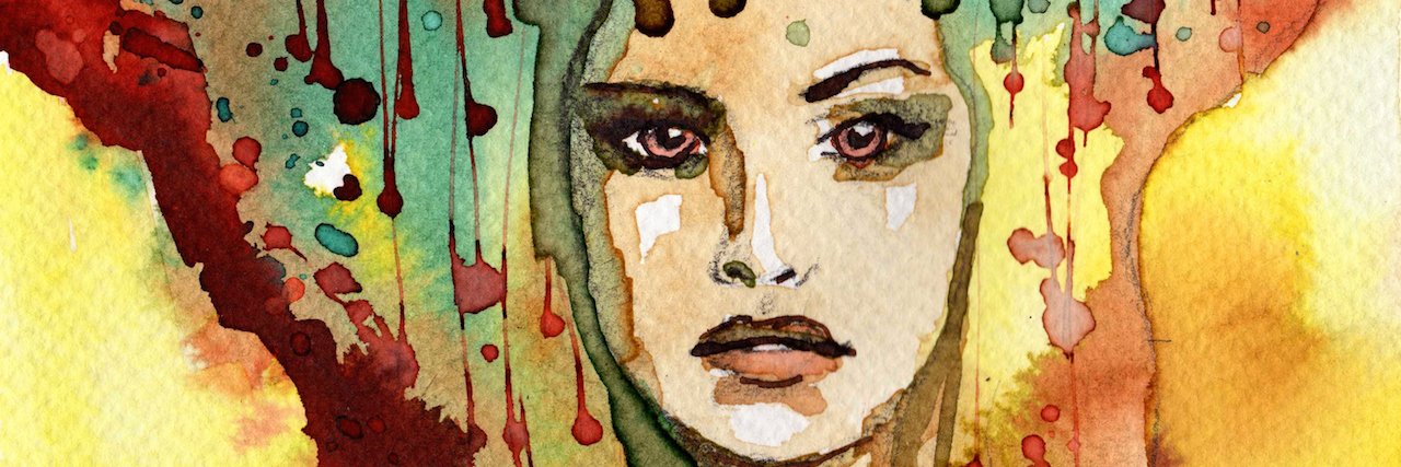 Watercolor portrait of a woman with a serious face, surrounded by colors