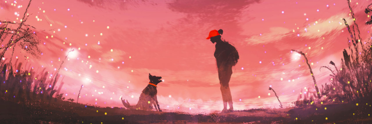 Finding Your 'Anxiety Animal' Can Help You Cope Right Now digital illustration of young woman with a dog silhouetted against pink and purple sky with a huge moon overhead
