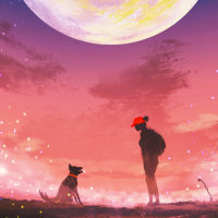 digital illustration of young woman with a dog silhouetted against pink and purple sky with a huge moon overhead