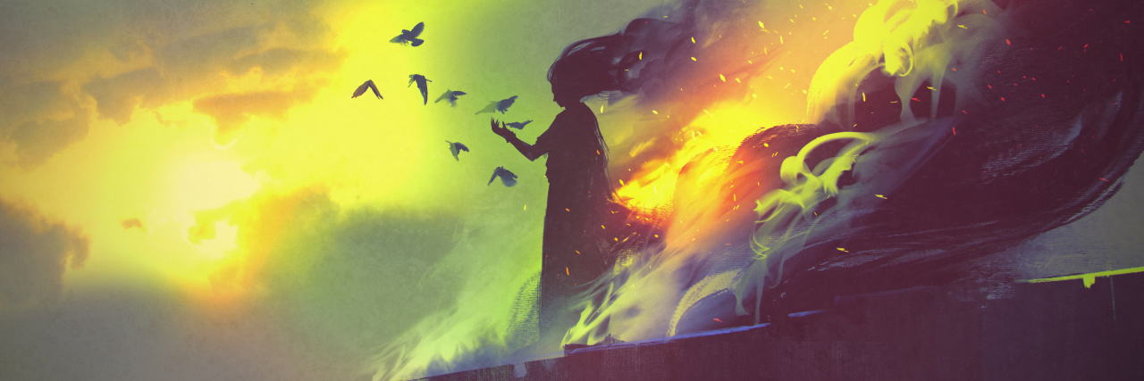 digital illustration of woman in shadow with birds against green smoky clouds