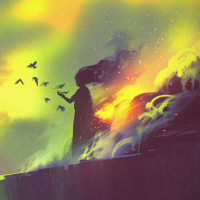 digital illustration of woman in shadow with birds against green smoky clouds