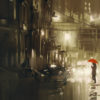 woman with red umbrella crossing the street,rainy night