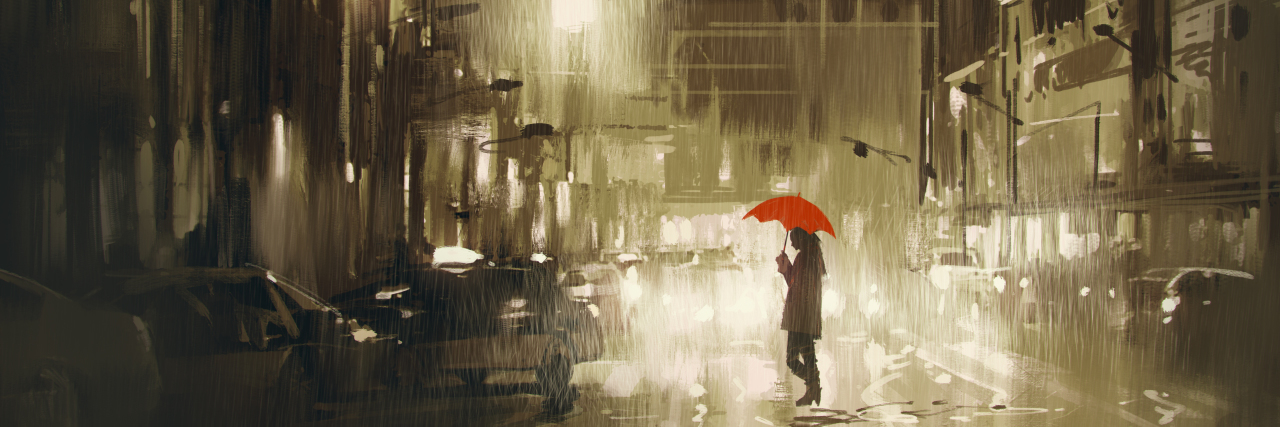 When the COVID-19 Outbreak Increases Your Sense of Existential Dread woman with red umbrella crossing the street,rainy night