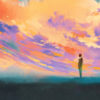 man and woman standing opposite of each other against colorful sky,illustration painting