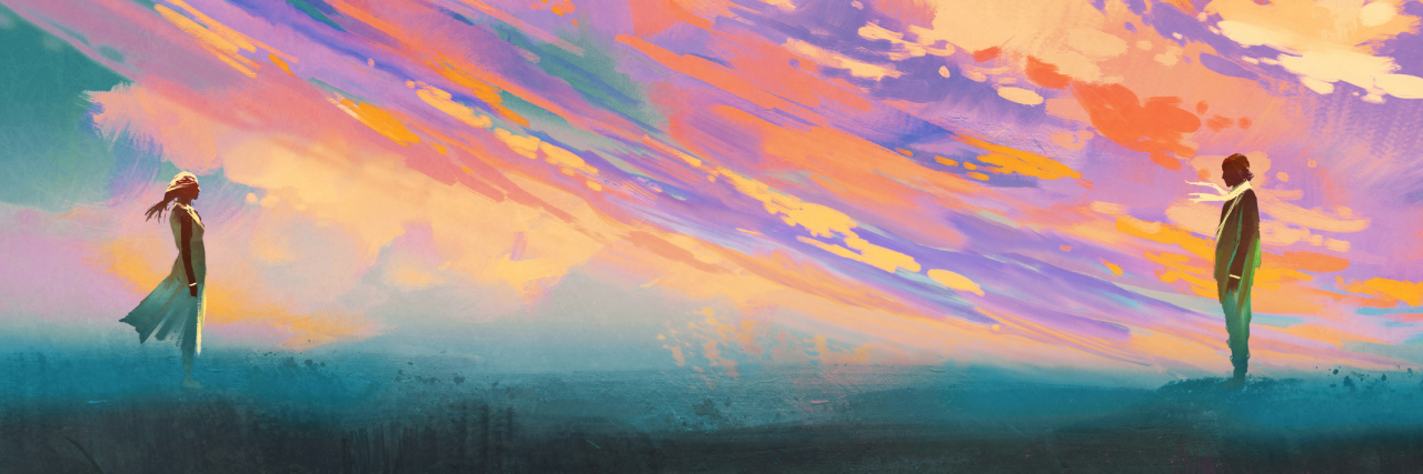 OCD, Marriage and COVID-19 man and woman standing opposite of each other against colorful sky,illustration painting