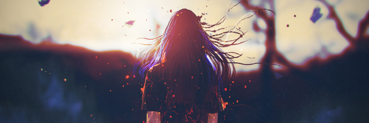 What It’s Like Living With Kyphoscoliotic Type Ehlers-Danlos Syndrome rear view of woman with cracked effect on her body looking the sunrise,illustration painting