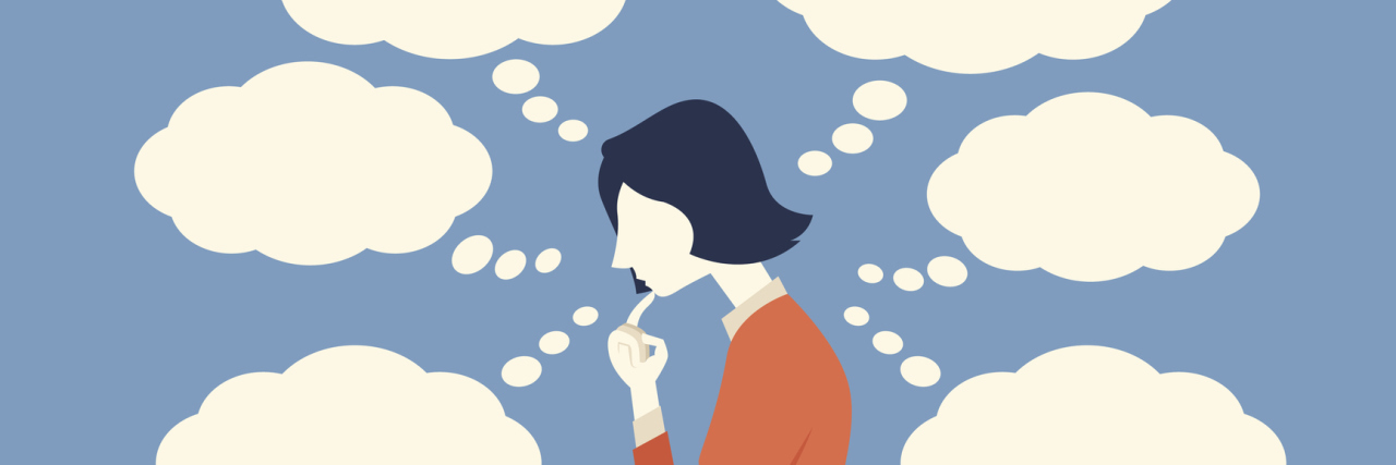 Character of business woman with her finger to her chin, thinking too much, worried, serious, depressed, surrounding with blank speech bubble. Side view, simple design.