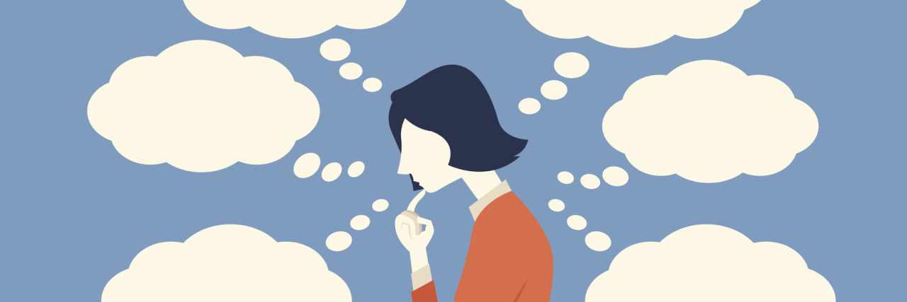 6 Tips If You're Anxious About Not Going to Therapy Due to COVID-19 Character of business woman with her finger to her chin, thinking too much, worried, serious, depressed, surrounding with blank speech bubble. Side view, simple design.