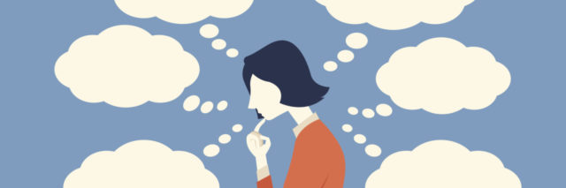Character of business woman with her finger to her chin, thinking too much, worried, serious, depressed, surrounding with blank speech bubble. Side view, simple design.
