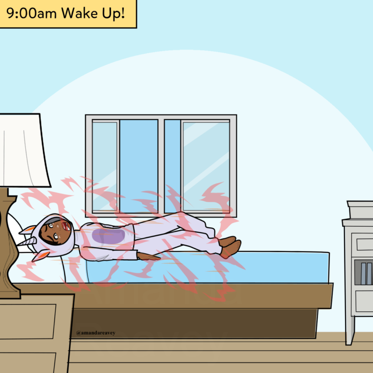 9:00 Am wake up! (image of a woman struggling to wake up)