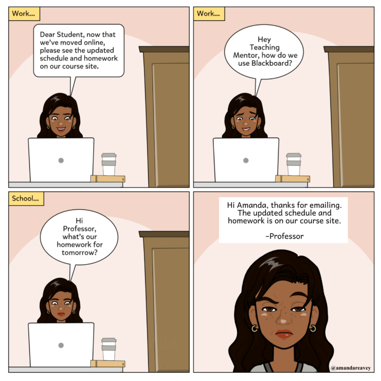 Comic of a woman understanding how to teach online classes