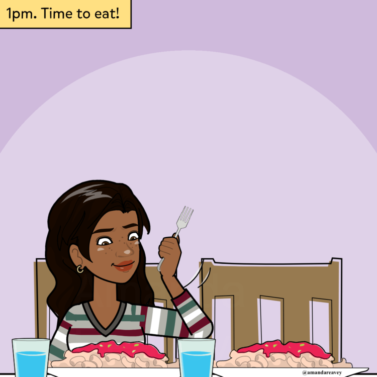 1pm- time to eat (image of a woman eating spaghetti)