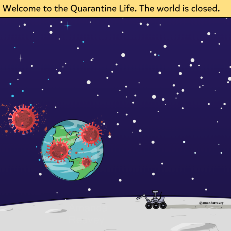 Welcome to Quarantine Life. The world is closed (image of world with coronavirus images superimposed over it)